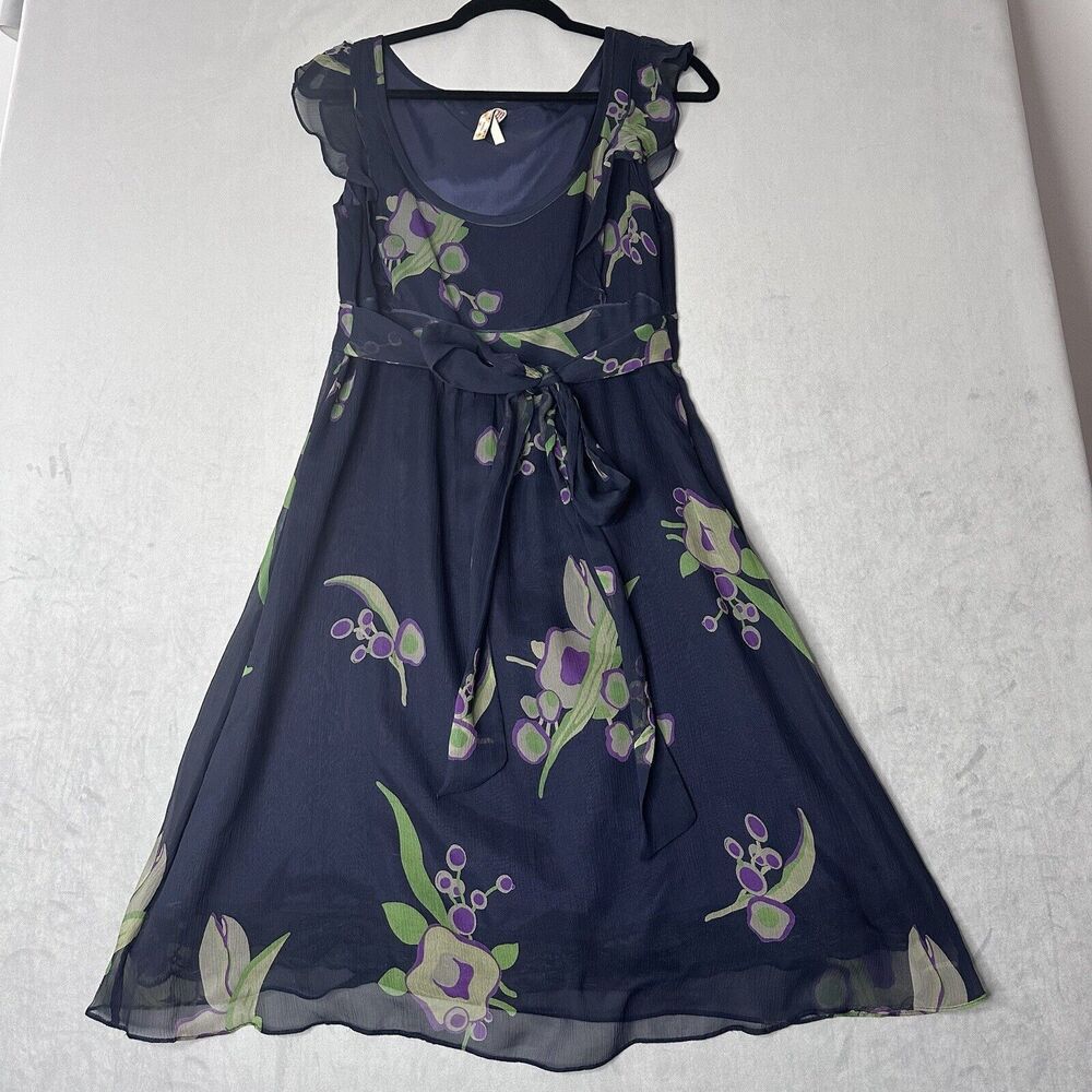 Mauve Anthropologie Dress Women 8 Blue Floral ALine 100% Silk Midi Lace Lined